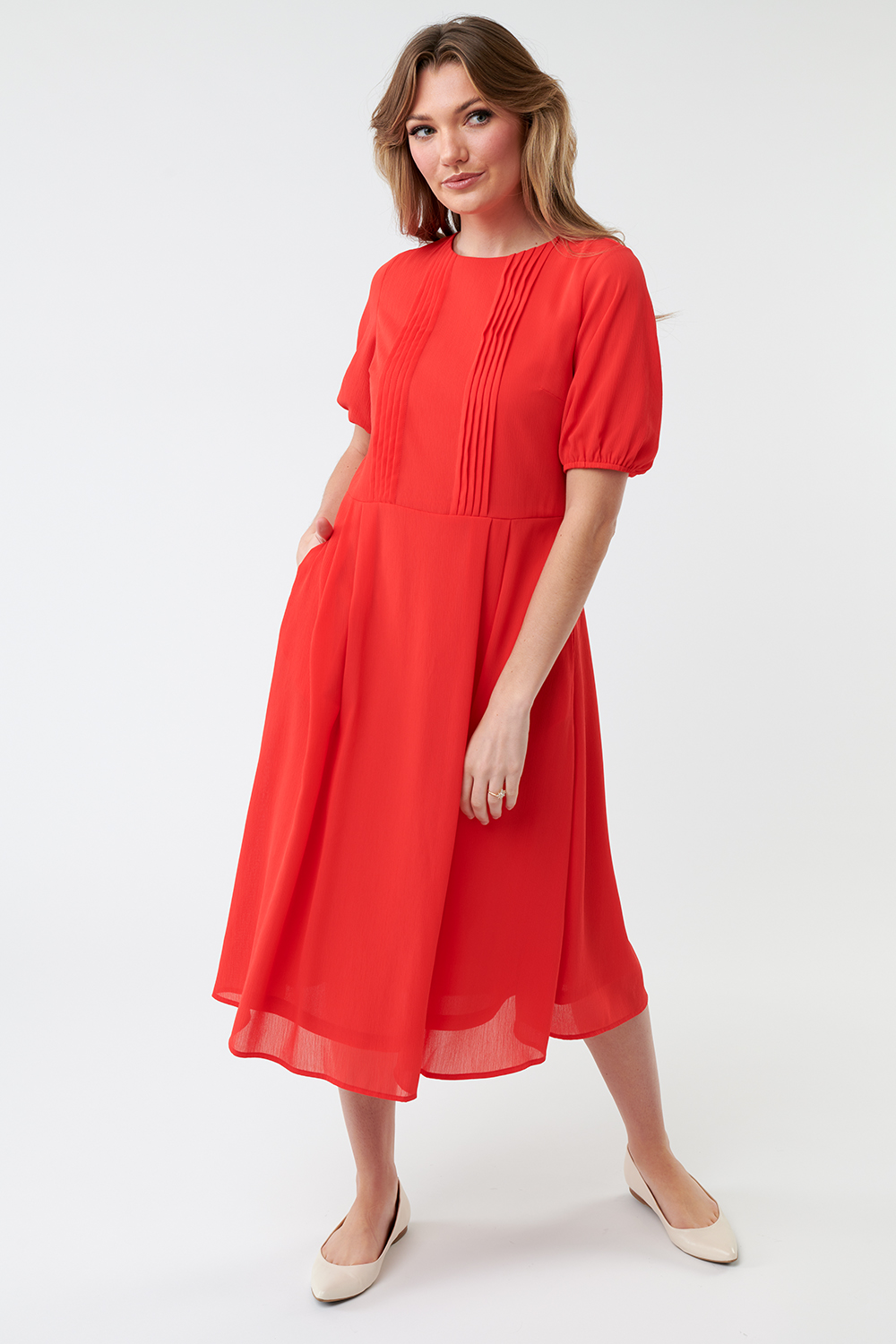 Puff Sleeve Pin Tuck Dress